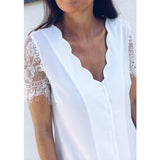Short Sleeve Top Lace Shirts V Neck White T-Shirt - Easy Pickins Store