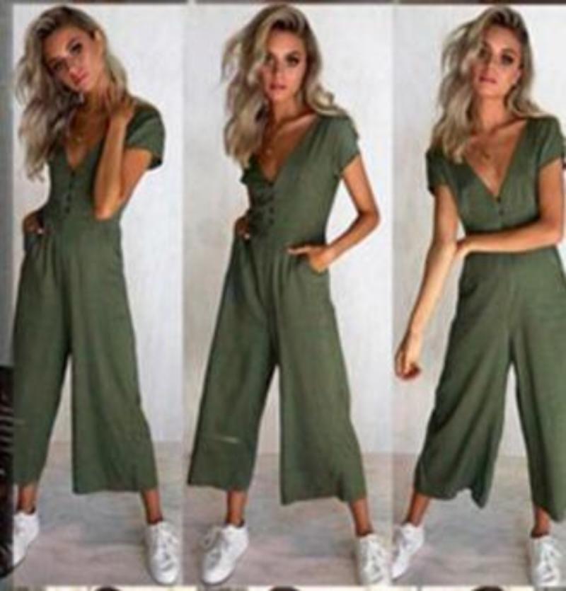 Short Sleeve V neck High Waist Loose Jumpsuit - Easy Pickins Store