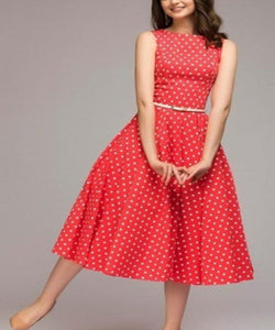 Sleeveless Dress With Belt High Waist Retro Polka Dot Long Swing - Easy Pickins Store