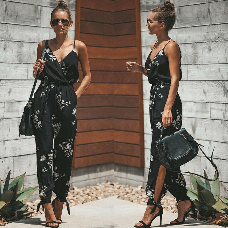 Sleeveless V Neck Floral Jumpsuit Spaghetti Slip Loose - Easy Pickins Store