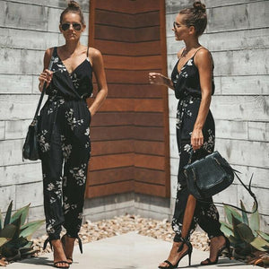 Sleeveless V Neck Floral Jumpsuit Spaghetti Slip Loose - Easy Pickins Store
