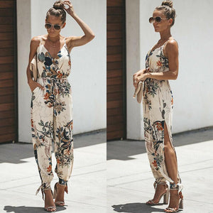 Sleeveless V Neck Floral Jumpsuit Spaghetti Slip Loose - Easy Pickins Store