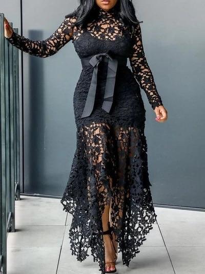 Slim Dress Spaghetti Straps Lace Mesh Fishtail Patchwork - Easy Pickins Store