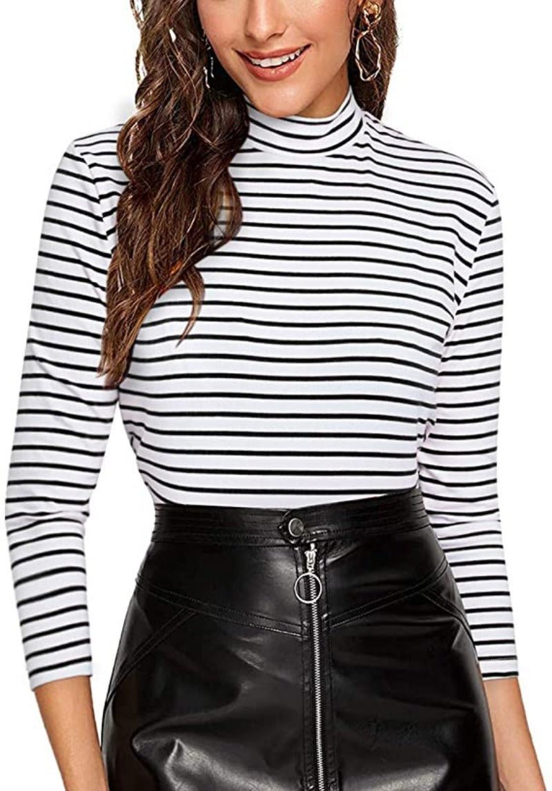 Slim Fit Mock Neck High Neck Striped Rib Knit T-Shirt - Easy Pickins Store