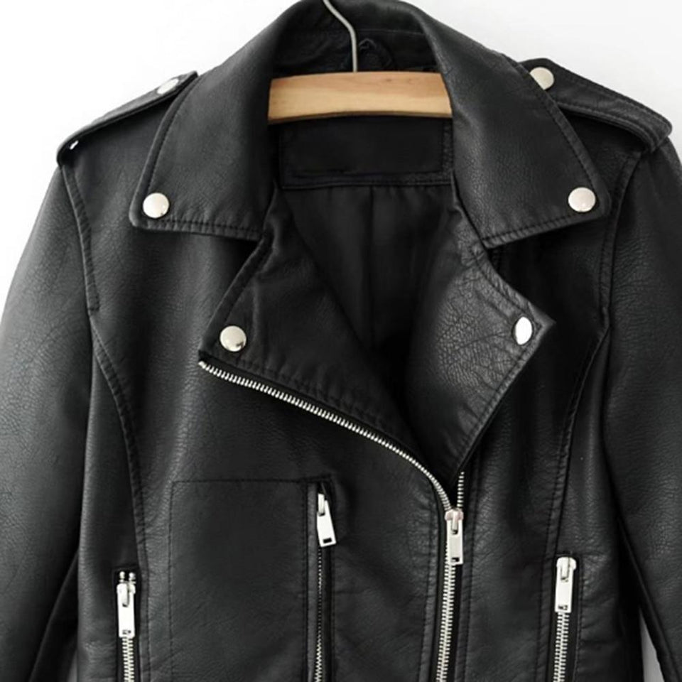 Slim Short Leather Jacket Zipper Faux Outwear - Easy Pickins Store