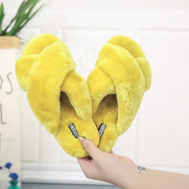 Slippers Warm Faux Fur Cross Soft Plush Furry - Easy Pickins Store