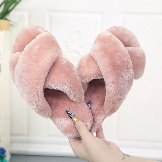 Slippers Warm Faux Fur Cross Soft Plush Furry - Easy Pickins Store