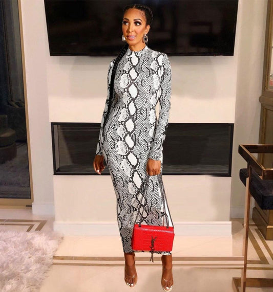 Snake Print Bodycon Long Dress Long Sleeve Zipper - Easy Pickins Store