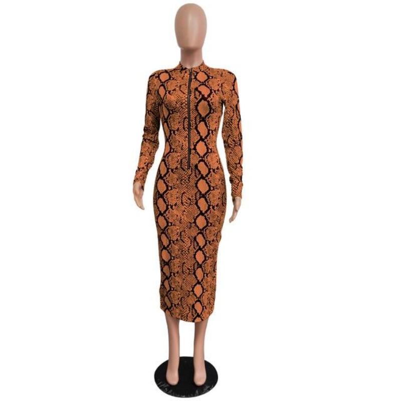 Snake Print Long Sleeve Zipper Bodycon Long Dress - Easy Pickins Store