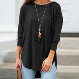 Solid Black Shirt Casual Cotton O Neck Three Quarter Sleeve Irregular - Easy Pickins Store