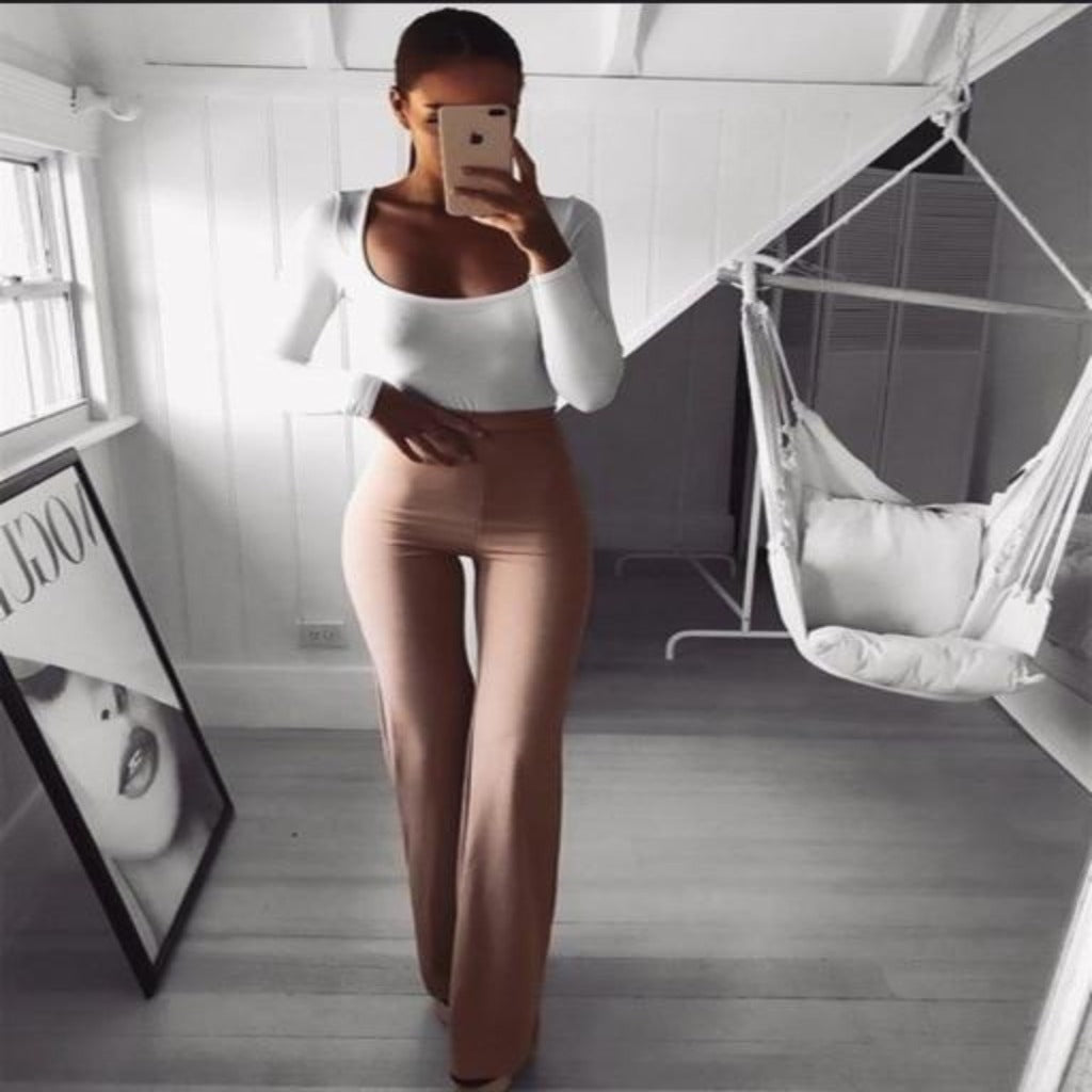 Solid High Waist Flare Wide Legs Slim Long Loose - Easy Pickins Store