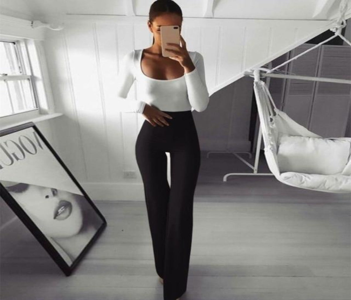 Solid High Waist Flare Wide Legs Slim Long Loose - Easy Pickins Store