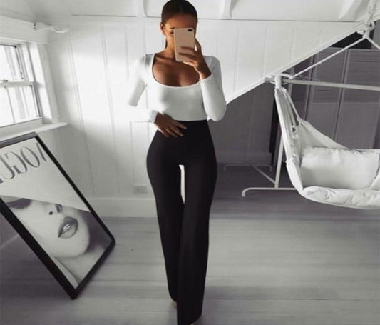 Solid High Waist Flare Wide Legs Slim Long Loose - Easy Pickins Store