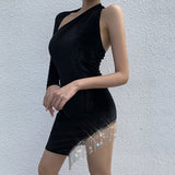 Solid Open Back Skirt Long Sleeve Split Sexy Short Dress Tassel - Easy Pickins Store
