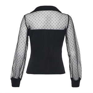 Splicing Mesh Long Sleeved Smock Turn Down Collar Dot T Shirt - Easy Pickins Store