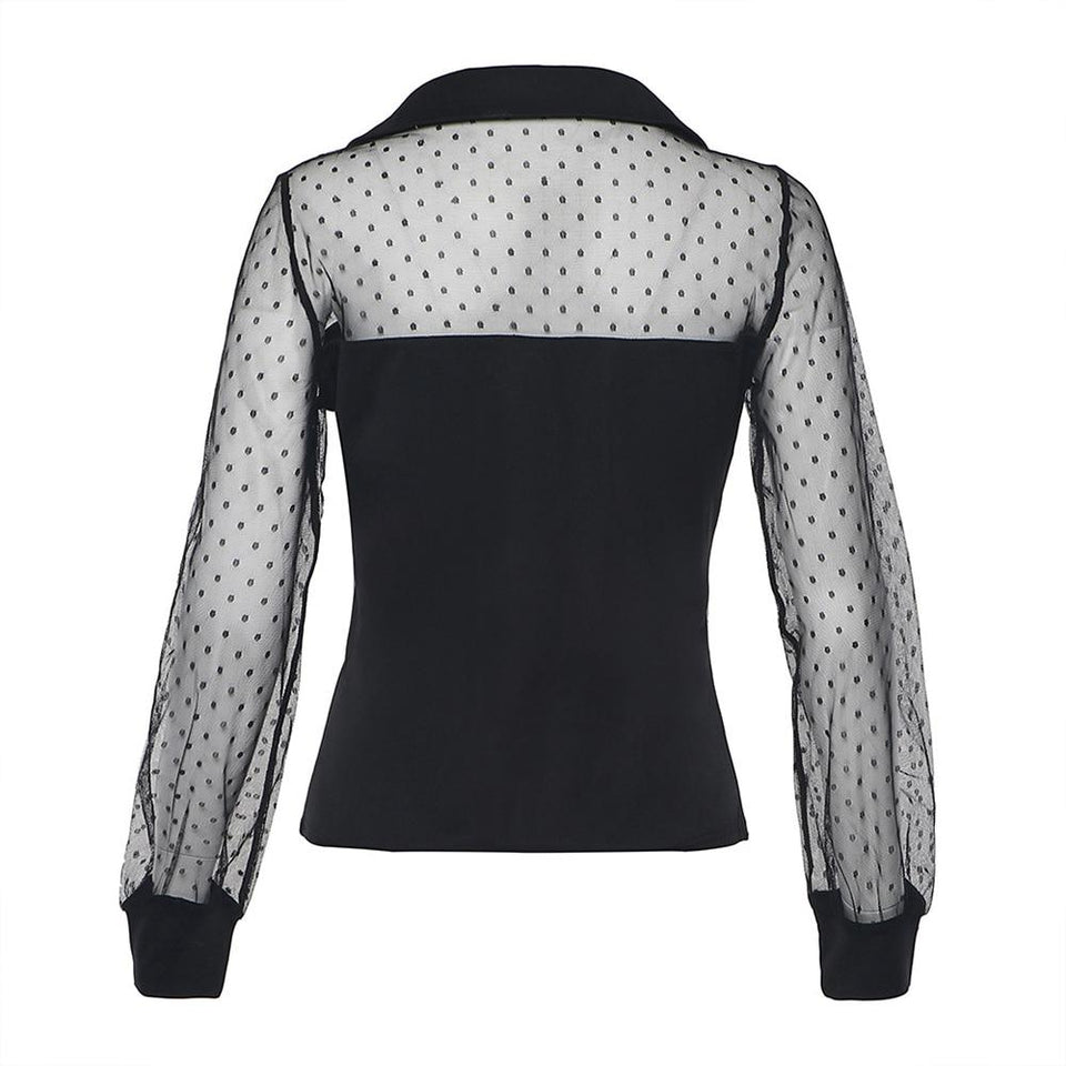 Splicing Mesh Long Sleeved Smock Turn Down Collar Dot T Shirt - Easy Pickins Store