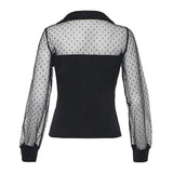 Splicing Mesh Long Sleeved Smock Turn Down Collar Dot T Shirt - Easy Pickins Store
