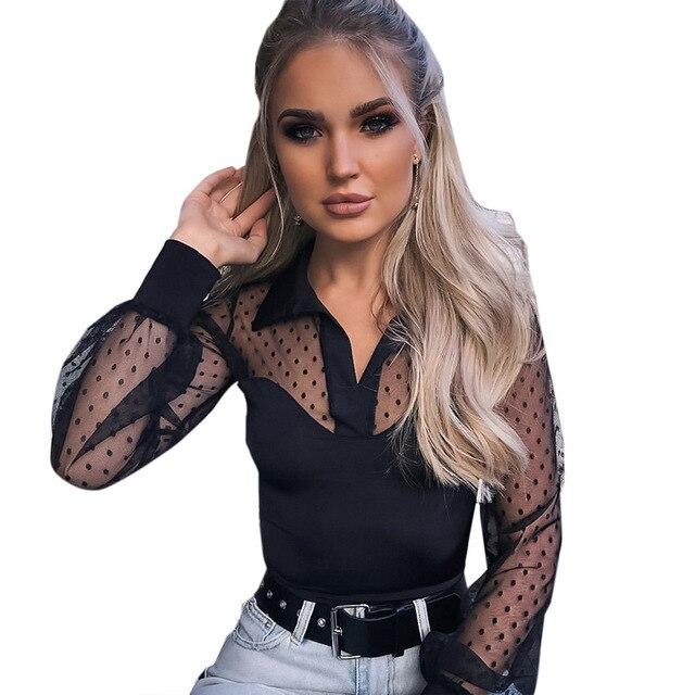 Splicing Mesh Long Sleeved Smock Turn Down Collar Dot T Shirt - Easy Pickins Store