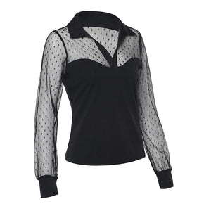 Splicing Mesh Long Sleeved Smock Turn Down Collar Dot T Shirt - Easy Pickins Store