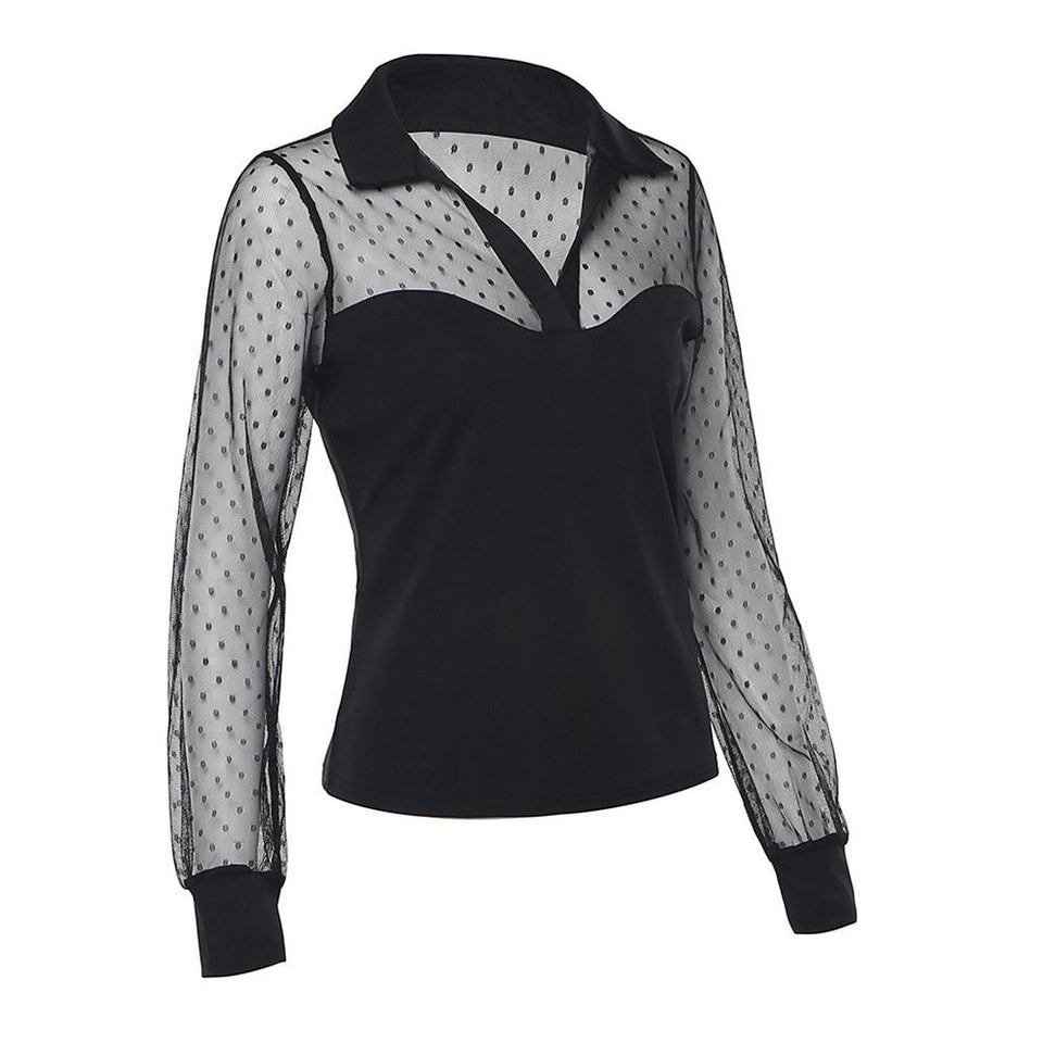 Splicing Mesh Long Sleeved Smock Turn Down Collar Dot T Shirt - Easy Pickins Store