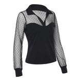 Splicing Mesh Long Sleeved Smock Turn Down Collar Dot T Shirt - Easy Pickins Store