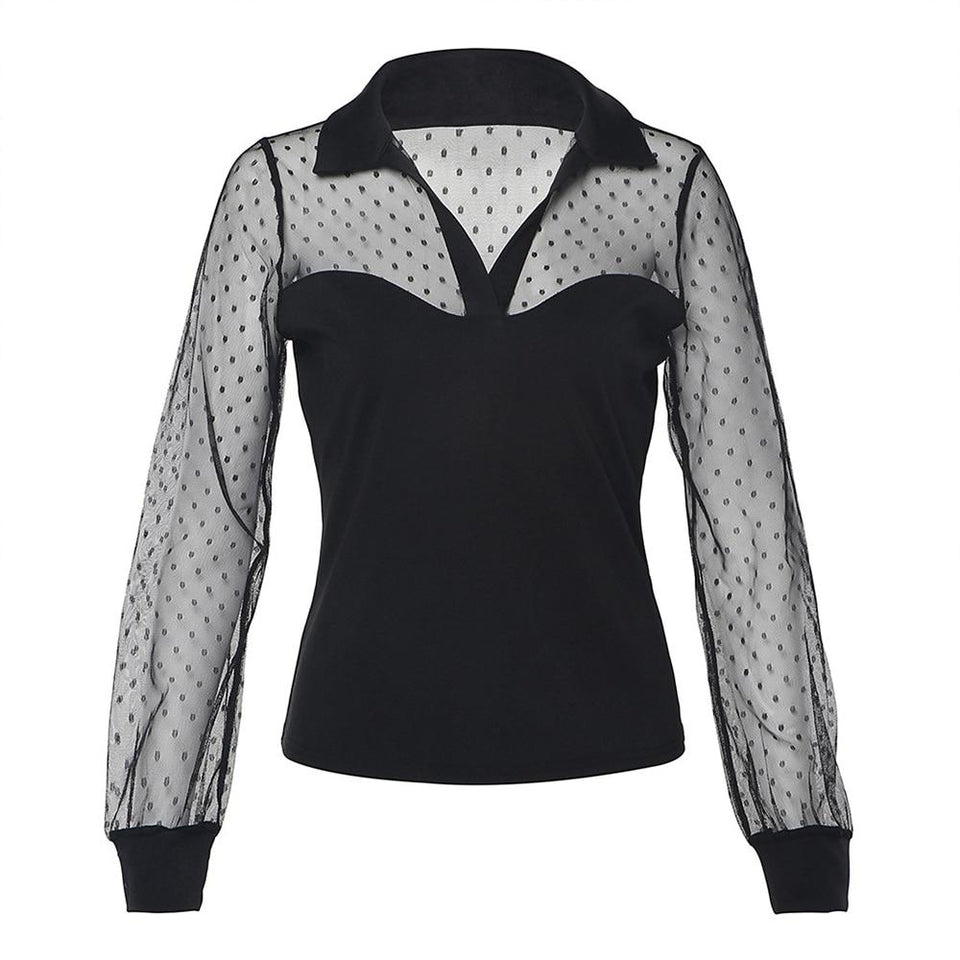 Splicing Mesh Long Sleeved Smock Turn Down Collar Dot T Shirt - Easy Pickins Store