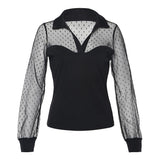 Splicing Mesh Long Sleeved Smock Turn Down Collar Dot T Shirt - Easy Pickins Store