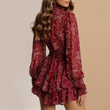 Spring Vintage Perspective Floral Print Dress Women Turtleneck Long Sleeve Chiffon A Line Mini Dress - Easy Pickins Store