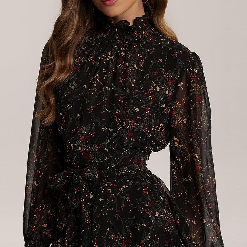 Spring Vintage Perspective Floral Print Dress Women Turtleneck Long Sleeve Chiffon A Line Mini Dress - Easy Pickins Store