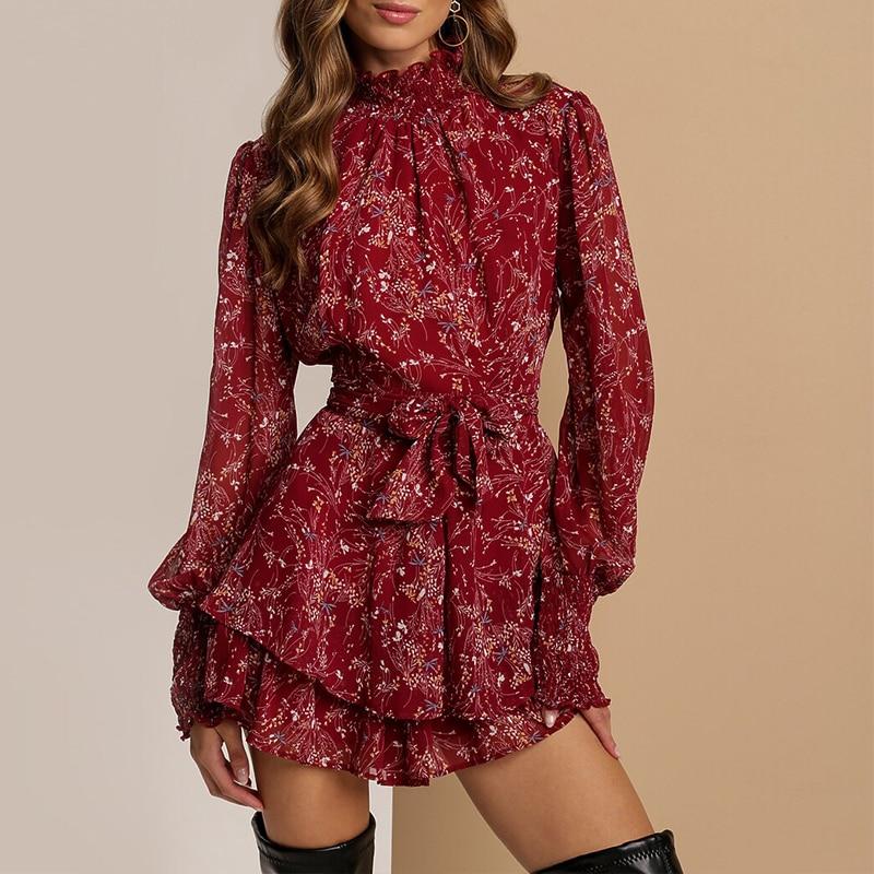 Spring Vintage Perspective Floral Print Dress Women Turtleneck Long Sleeve Chiffon A Line Mini Dress - Easy Pickins Store