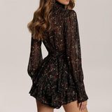 Spring Vintage Perspective Floral Print Dress Women Turtleneck Long Sleeve Chiffon A Line Mini Dress - Easy Pickins Store