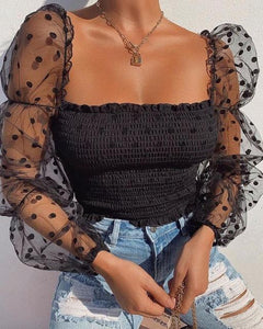 Square Collar Dot Print Lace Puff Sleeve Black Tee Transparent Long Sleeve T-Shirt - Easy Pickins Store