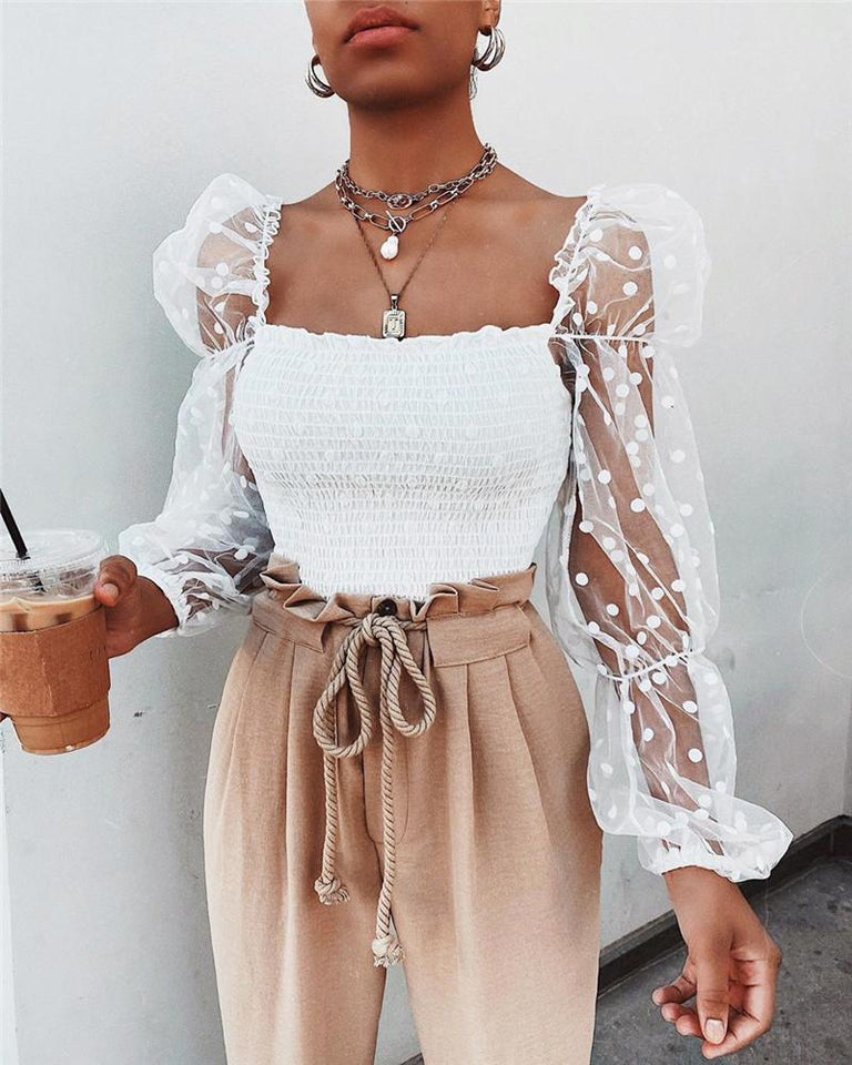 Square Collar Dot Print Lace Puff Sleeve Black Tee Transparent Long Sleeve T-Shirt - Easy Pickins Store