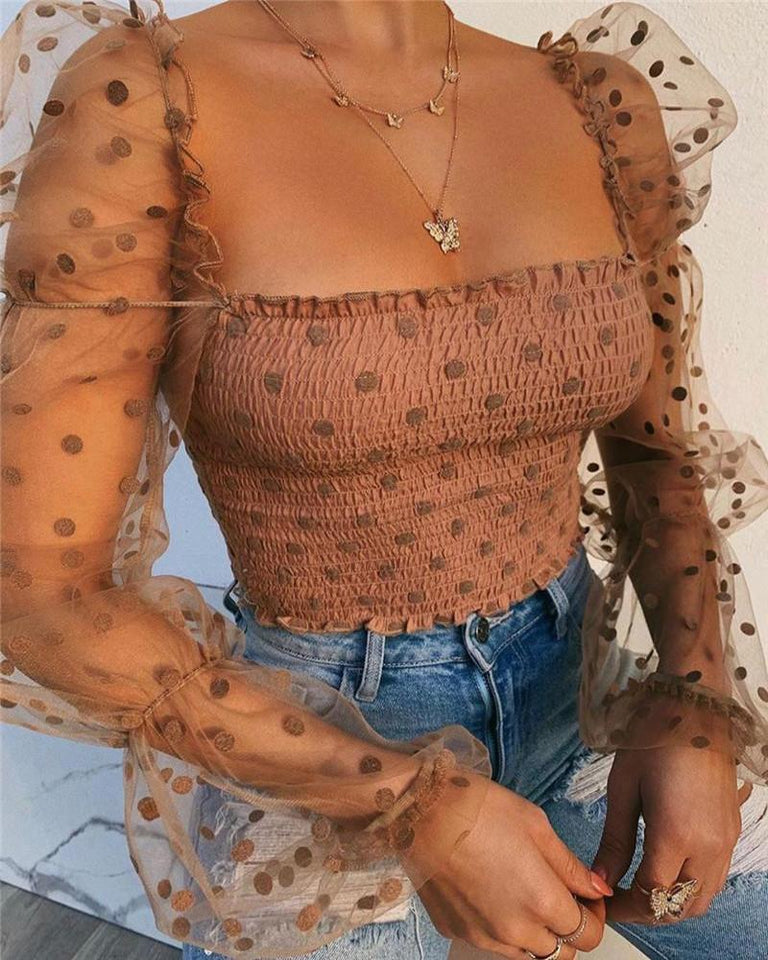 Square Collar Dot Print Lace Puff Sleeve Black Tee Transparent Long Sleeve T-Shirt - Easy Pickins Store