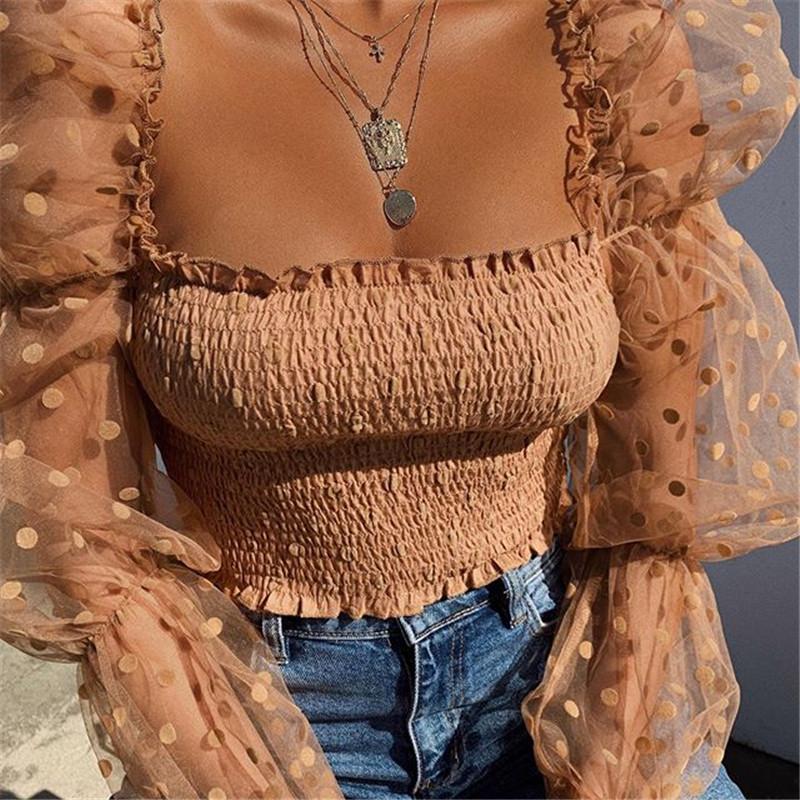 Square Collar Dot Print Lace Puff Sleeve Black Tee Transparent Long Sleeve T-Shirt - Easy Pickins Store