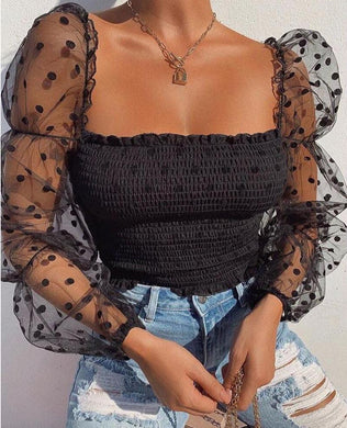 Square Collar Dot Print Lace Puff Sleeve Black Tee Transparent Long Sleeve T-Shirt - Easy Pickins Store