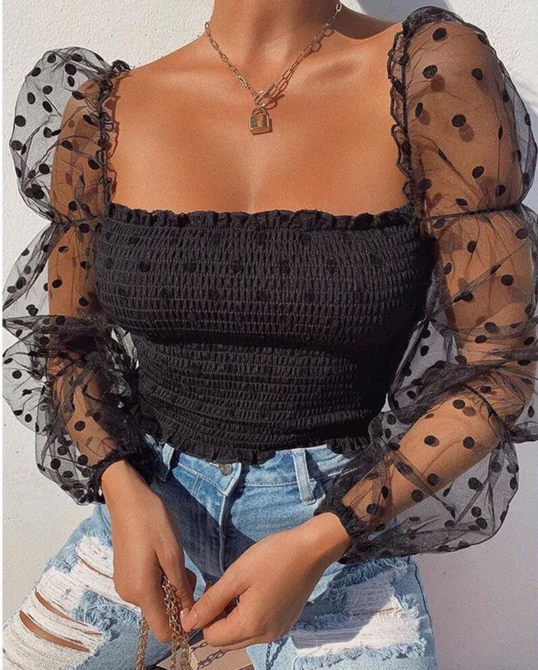 Square Collar Dot Print Lace Puff Sleeve Black Tee Transparent Long Sleeve T-Shirt - Easy Pickins Store