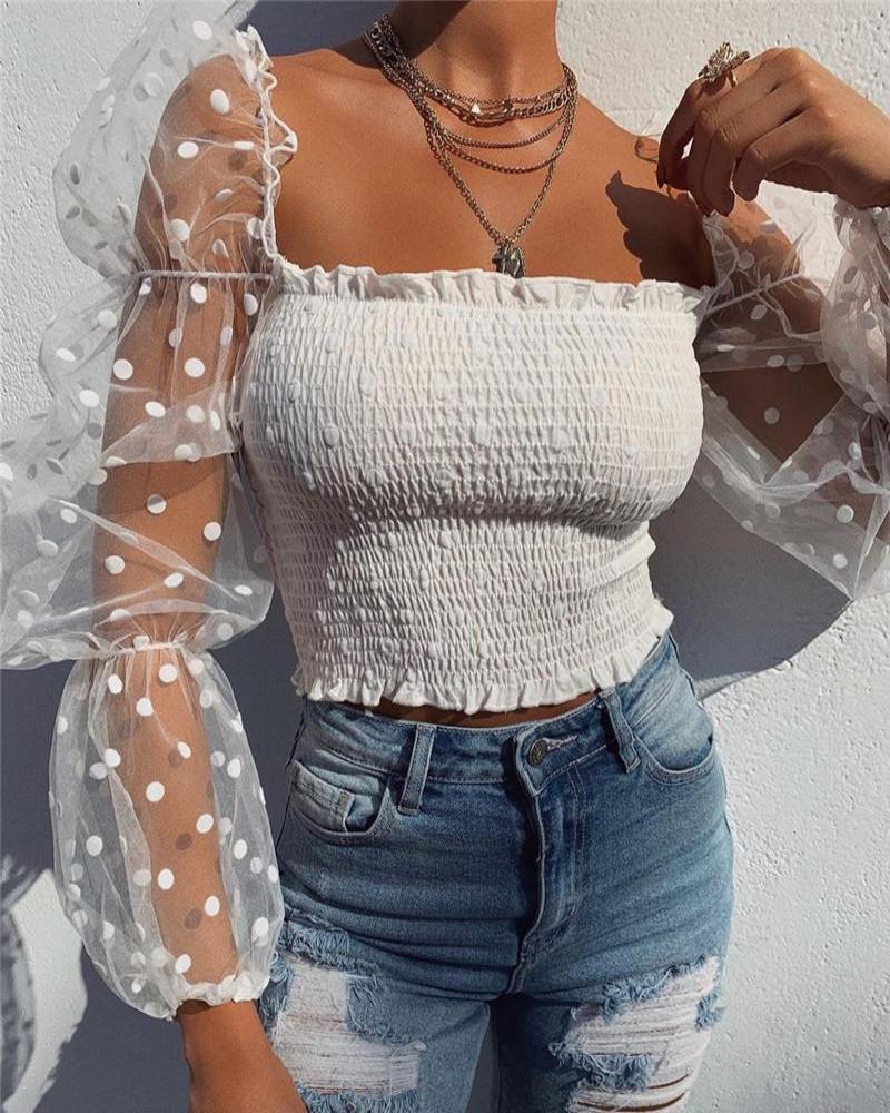 Square Collar Dot Print Lace Puff Sleeve Tee Transparent Long Sleeve Blouse - Easy Pickins Store