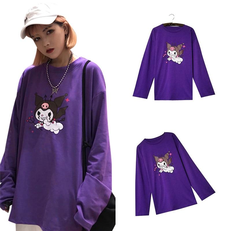 Streetwear Devil Print Purple T-shirt Long Sleeve O Neck - Easy Pickins Store
