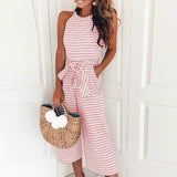 Striped Printed Lace up Pocket O neck Sleeveless Long Wide Leg Jumpsuit - Easy Pickins Store