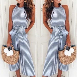 Striped Printed Lace up Pocket O neck Sleeveless Long Wide Leg Jumpsuit - Easy Pickins Store