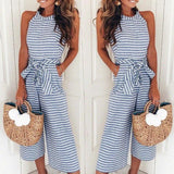 Striped Printed Lace up Pocket O neck Sleeveless Long Wide Leg Jumpsuit - Easy Pickins Store
