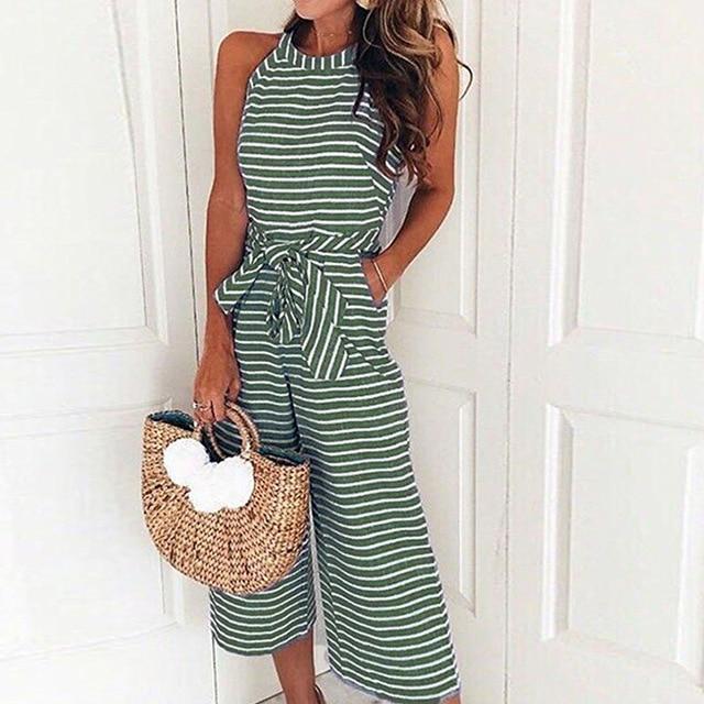Striped Printed Lace up Pocket O neck Sleeveless Long Wide Leg Jumpsuit - Easy Pickins Store