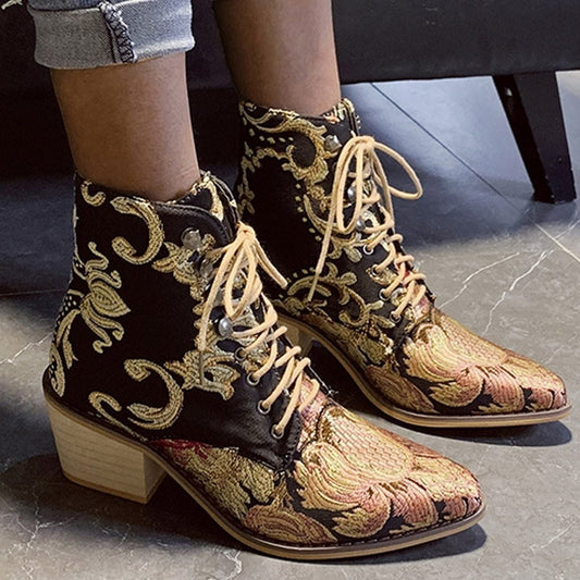 Stylish Embroider Lace Up Pointed Toe High Heels Warm Cowboy Ankle Chelsea Boots - Easy Pickins Store