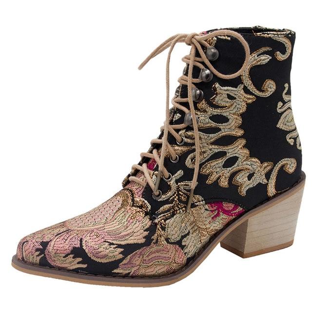 Stylish Embroider Lace Up Pointed Toe High Heels Warm Cowboy Ankle Chelsea Boots - Easy Pickins Store