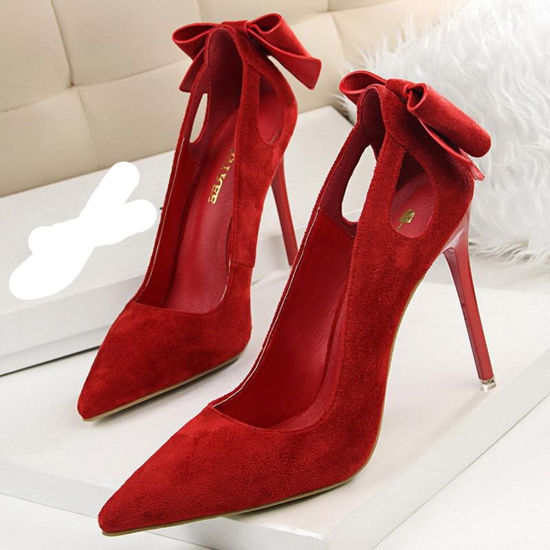 Suede Bow High Heels Pointed Toe Pumps - Easy Pickins Store