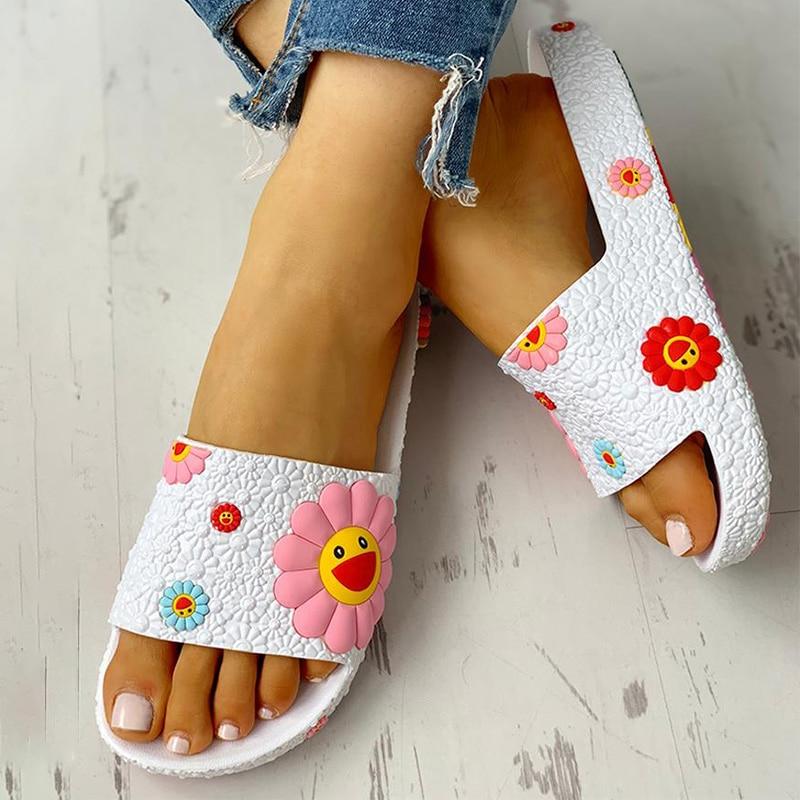 Summer Slippers Women Cute flower Flat Flip Flops Ladies Soft Slides Print Floral Bling Beach Casual Sandals - Easy Pickins Store
