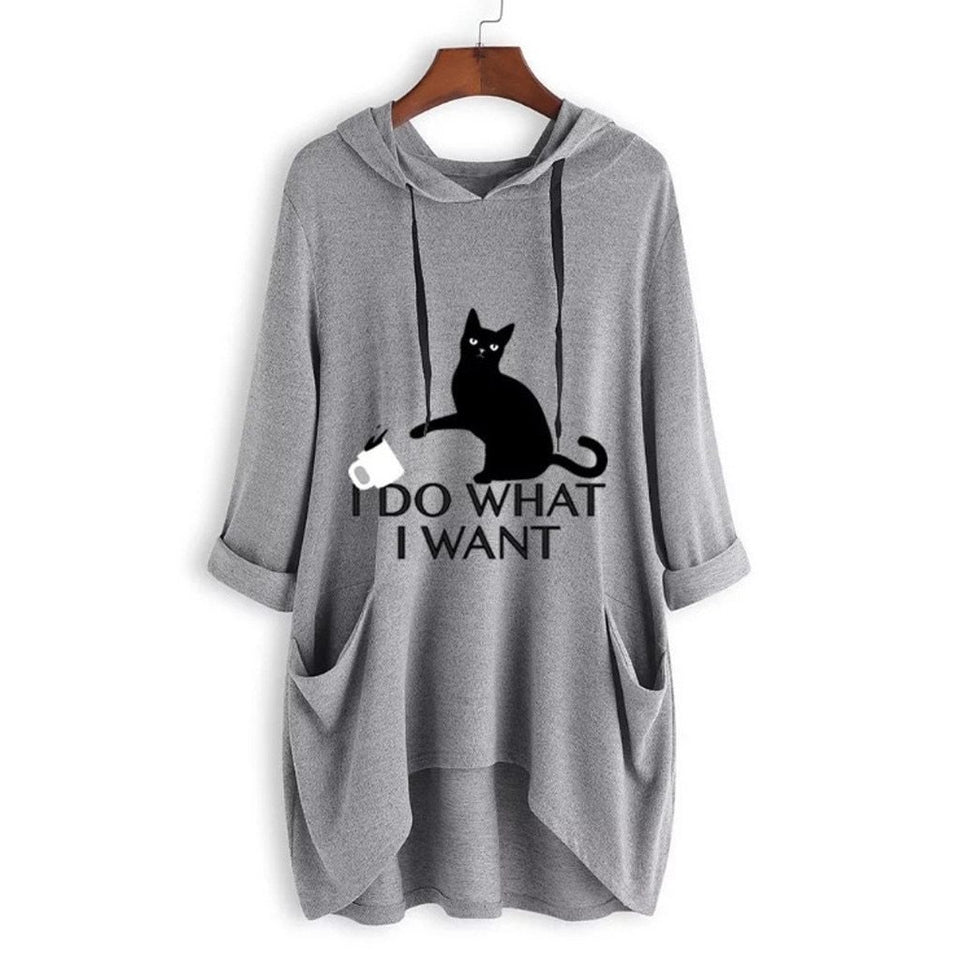 T Shirt Print Cat Ear Hooded Long Sleeves Pocket Irregular - Easy Pickins Store