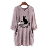 T Shirt Print Cat Ear Hooded Long Sleeves Pocket Irregular - Easy Pickins Store