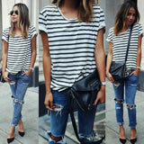 T-Shirts Black White Stripe Short Sleeve O Neck Stripe Loose Tee - Easy Pickins Store